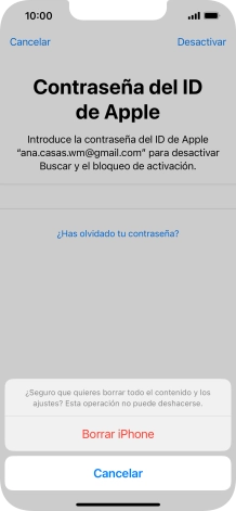 Introduce la contraseña de tu ID de Apple y pulsa Borrar iPhone. Espera unos instantes mientras el teléfono restablece la configuración predeterminada. Sigue las indicaciones de la pantalla para configurar el teléfono y dejarlo listo para su uso.