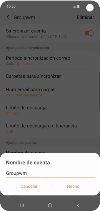 Introduce el nombre deseado de la cuenta de correo electrónico y pulsa Hecho.