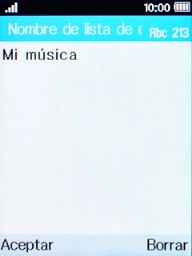 Introduce el nombre de la lista de reproducción y pulsa la tecla de selección izquierda.