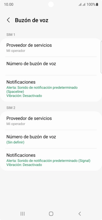 Pulsa Número de buzón de voz bajo la tarjeta SIM deseada.