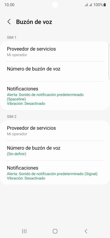 Pulsa Número de buzón de voz bajo la tarjeta SIM deseada.
