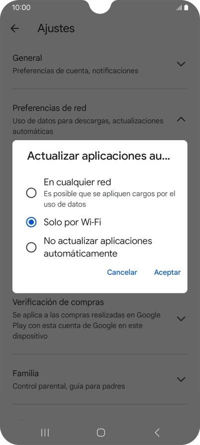 Para activar la actualización automática de apps utilizando la red móvil, pulsa En cualquier red.