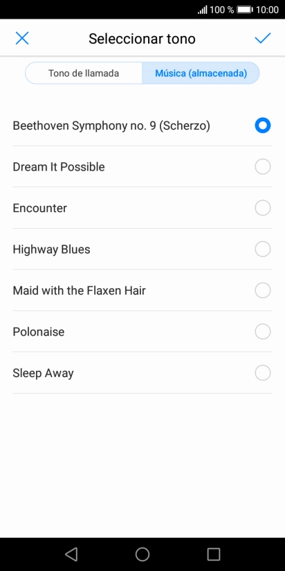 Al encontrar un timbre de llamada de tu gusto, pulsa el icono de aceptar.