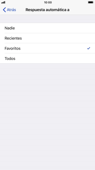 Pulsa el ajuste deseado para seleccionar qué contactos deben recibir un mensaje automático indicando que la función de 