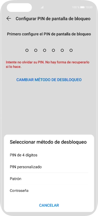 Pulsa el código de seguridad deseado y sigue las indicaciones de la pantalla para crear un código de seguridad del teléfono adicional.