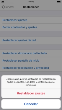 Pulsa Restablecer ajustes. Espera unos instantes mientras el teléfono restablece la configuración predeterminada. Sigue las indicaciones de la pantalla para configurar el teléfono y dejarlo listo para su uso.