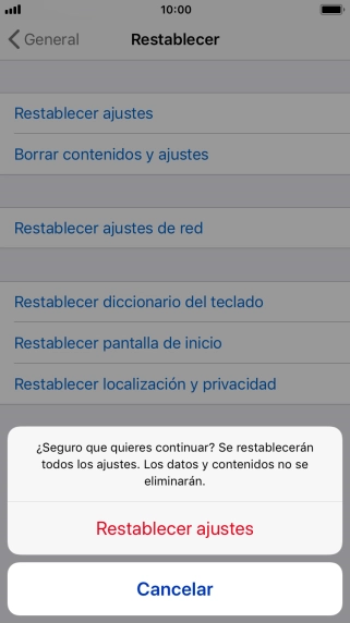 Pulsa Restablecer ajustes. Espera unos instantes mientras el teléfono restablece la configuración predeterminada. Sigue las indicaciones de la pantalla para configurar el teléfono y dejarlo listo para su uso.