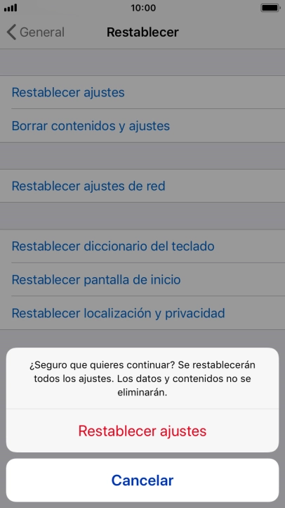 Pulsa Restablecer ajustes. Espera unos instantes mientras el teléfono restablece la configuración predeterminada. Sigue las indicaciones de la pantalla para configurar el teléfono y dejarlo listo para su uso.