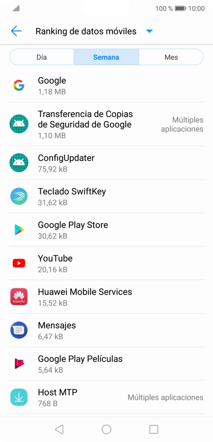 El consumo de datos por cada aplicación aparece bajo el nombre de la aplicación.
