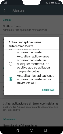 Para activar la actualización automática de apps a través de wifi, pulsa Actualizar las aplicaciones automáticamente solo a través de Wi-Fi..