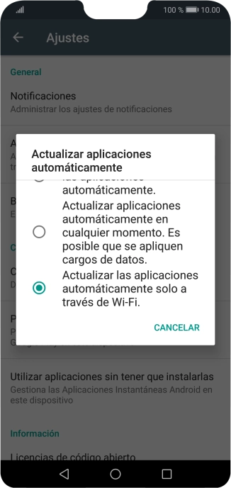 Para activar la actualización automática de apps a través de wifi, pulsa Actualizar las aplicaciones automáticamente solo a través de Wi-Fi..