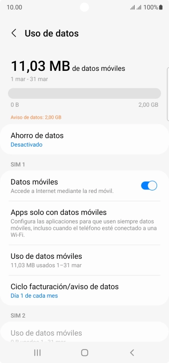 El consumo total de datos se visualiza ahora en la pantalla.