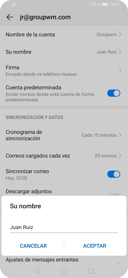 Introduce el nombre del remitente deseado y pulsa ACEPTAR.