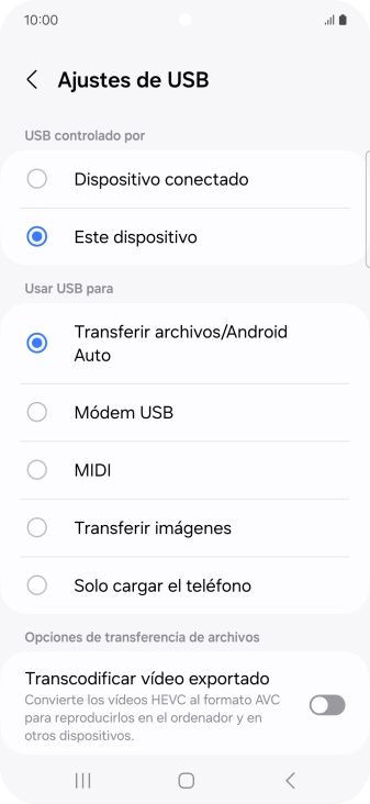 Pulsa Transferir archivos/Android Auto.