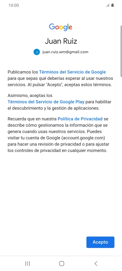 Pulsa Aceptar y sigue las indicaciones de la pantalla para seleccionar los ajustes de tu cuenta de Google.