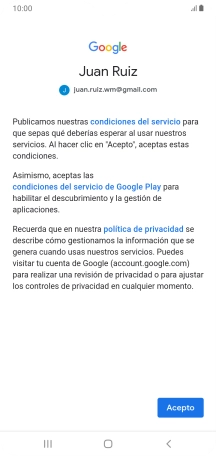 Pulsa Acepto y sigue las indicaciones de la pantalla para seleccionar los ajustes de tu cuenta de Google.