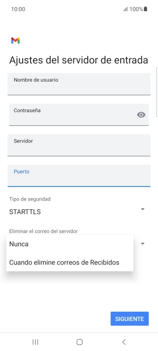 Pulsa Nunca para conservar los correos electrónicos en el servidor cuando los borras del teléfono.
