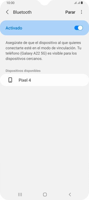 Pulsa el dispositivo Bluetooth deseado y sigue las indicaciones de la pantalla para vincular el dispositivo al teléfono.
