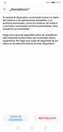 Pulsa RESTABLECER. Espera unos instantes mientras el teléfono restablece la configuración predeterminada. Sigue las indicaciones de la pantalla para configurar el teléfono y dejarlo listo para su uso.