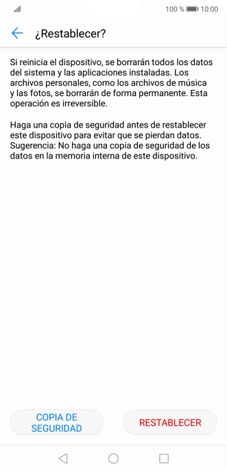 Pulsa RESTABLECER. Espera unos instantes mientras el teléfono restablece la configuración predeterminada. Sigue las indicaciones de la pantalla para configurar el teléfono y dejarlo listo para su uso.
