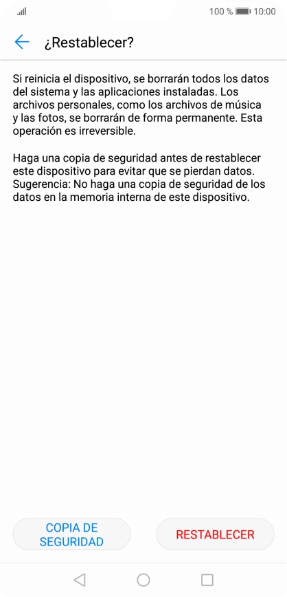 Pulsa RESTABLECER. Espera unos instantes mientras el teléfono restablece la configuración predeterminada. Sigue las indicaciones de la pantalla para configurar el teléfono y dejarlo listo para su uso.