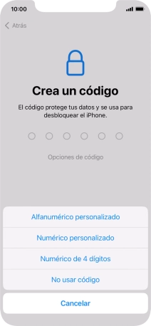 Sigue las indicaciones de la pantalla para activar el uso del código de seguridad o pulsa No usar código.