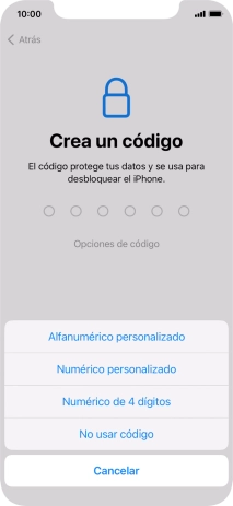 Sigue las indicaciones de la pantalla para activar el uso del código de seguridad o pulsa No usar código.