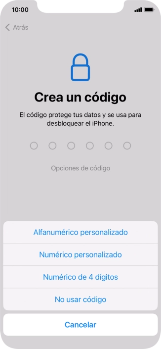 Sigue las indicaciones de la pantalla para activar el uso del código de seguridad o pulsa No usar código.
