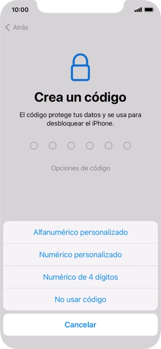 Sigue las indicaciones de la pantalla para activar el uso del código de seguridad o pulsa No usar código.
