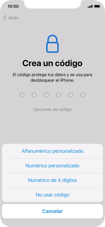 Sigue las indicaciones de la pantalla para activar el uso del código de seguridad o pulsa No usar código.