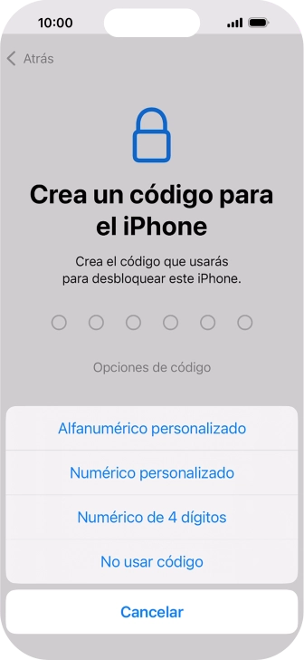 Sigue las indicaciones de la pantalla para activar el uso del código de seguridad o pulsa No usar código.