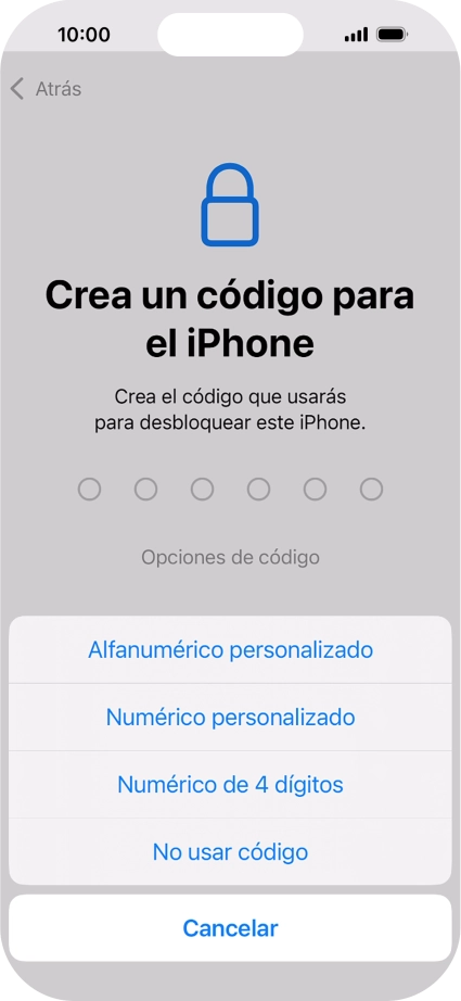 Sigue las indicaciones de la pantalla para activar el uso del código de seguridad o pulsa No usar código.