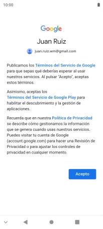 Pulsa Acepto y sigue las indicaciones de la pantalla para seleccionar los ajustes de tu cuenta de Google.