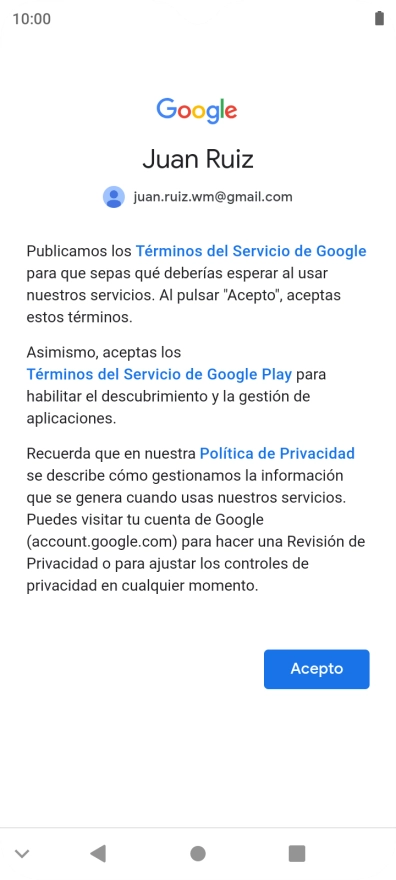Pulsa Acepto y sigue las indicaciones de la pantalla para seleccionar los ajustes de tu cuenta de Google.