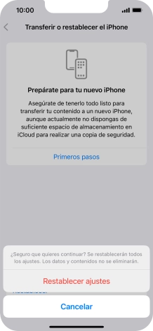 Pulsa Restablecer ajustes. Espera unos instantes mientras el teléfono restablece la configuración predeterminada. Sigue las indicaciones de la pantalla para configurar el teléfono y dejarlo listo para su uso.