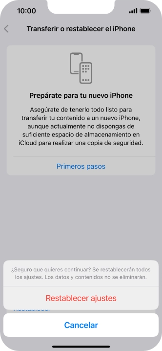 Pulsa Restablecer ajustes. Espera unos instantes mientras el teléfono restablece la configuración predeterminada. Sigue las indicaciones de la pantalla para configurar el teléfono y dejarlo listo para su uso.