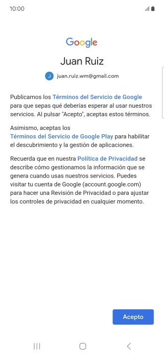 Pulsa Acepto y sigue las indicaciones de la pantalla para seleccionar los ajustes de tu cuenta de Google.