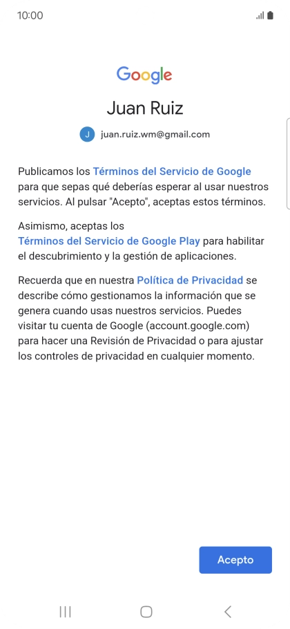 Pulsa Acepto y sigue las indicaciones de la pantalla para seleccionar los ajustes de tu cuenta de Google.