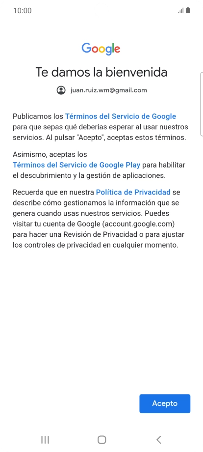Pulsa Acepto y sigue las indicaciones de la pantalla para seleccionar los ajustes de tu cuenta de Google.