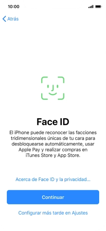 Sigue las indicaciones de la pantalla para activar el uso del reconocimiento facial (Face ID) o pulsa Configurar más tarde en Ajustes.