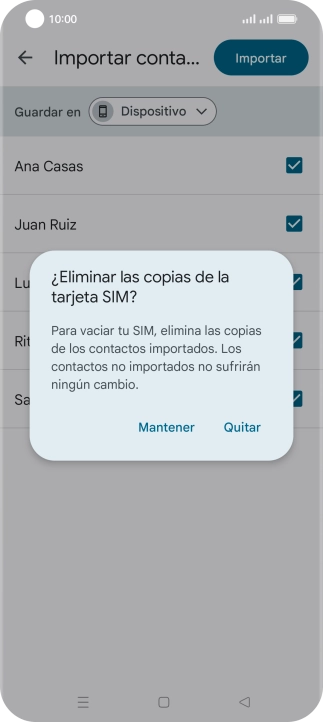 Si deseas conservar los contactos existentes de la tarjeta SIM, pulsa Mantener.