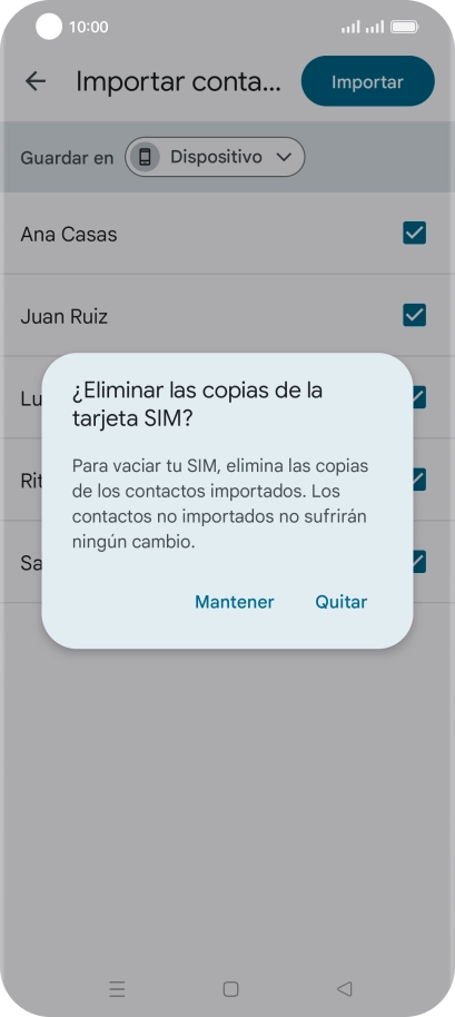 Si deseas conservar los contactos existentes de la tarjeta SIM, pulsa Mantener.