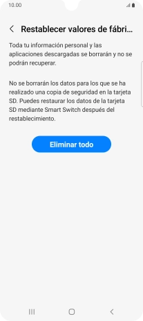 Pulsa Eliminar todo. Espera unos instantes mientras el teléfono restablece la configuración predeterminada. Sigue las indicaciones de la pantalla para configurar el teléfono y dejarlo listo para su uso.