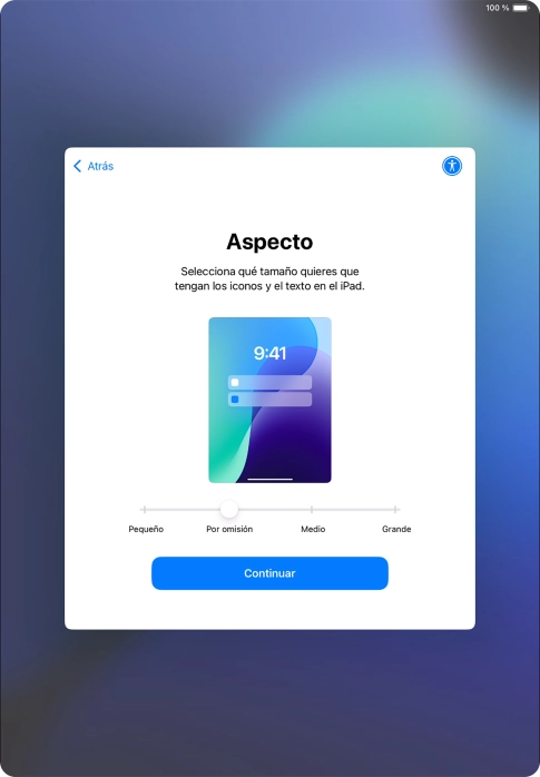 Selecciona el tamaño de letra y de los iconos que debe tener la tablet y pulsa Continuar.