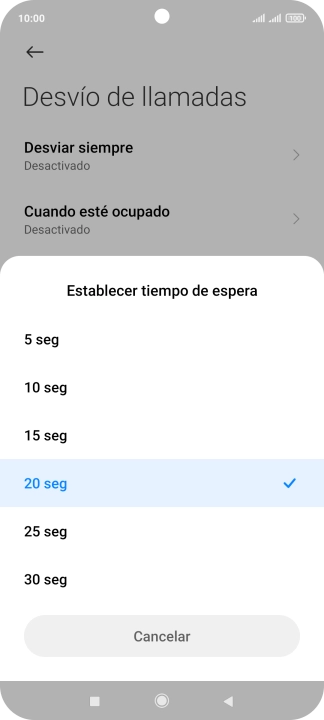 Si desvías las llamadas perdidas, tendrás que seleccionar un retardo para el desvío. Pulsa el retardo deseado y sigue las indicaciones de la pantalla para seleccionar el retardo deseado del desvío.