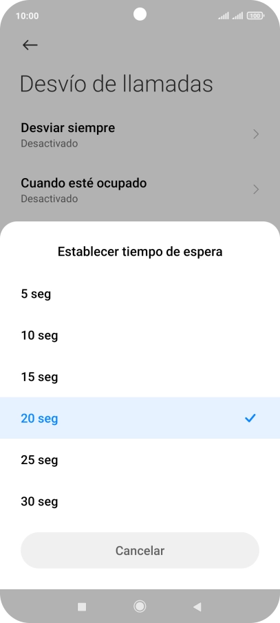 Si desvías las llamadas perdidas, tendrás que seleccionar un retardo para el desvío. Pulsa el retardo deseado y sigue las indicaciones de la pantalla para seleccionar el retardo deseado del desvío.