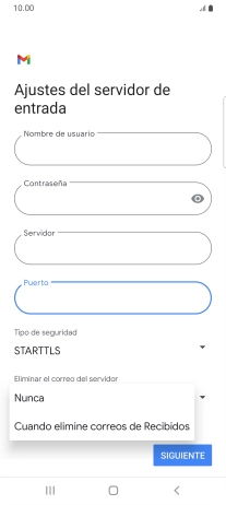 Pulsa Nunca para conservar los correos electrónicos en el servidor cuando los borras del teléfono.