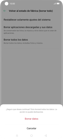 Pulsa Borrar datos. Espera unos instantes mientras el teléfono restablece la configuración predeterminada. Sigue las indicaciones de la pantalla para configurar el teléfono y dejarlo listo para su uso.