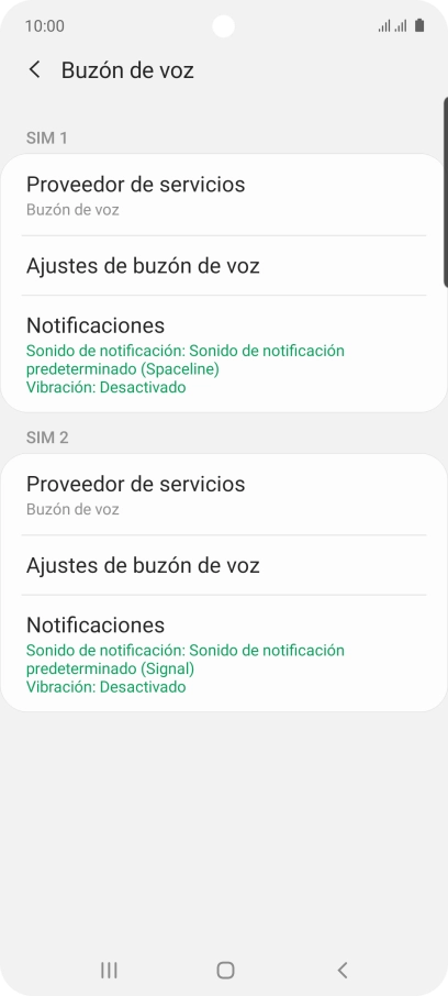 Pulsa Ajustes de buzón de voz bajo la tarjeta SIM deseada.