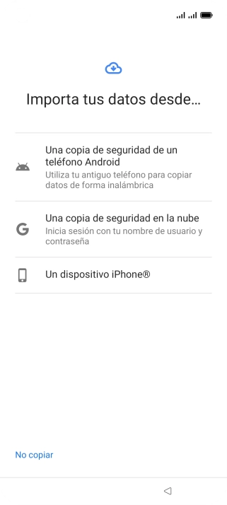 Pulsa el ajuste deseado y sigue las instrucciones de la pantalla para transferir el contenido del otro teléfono.